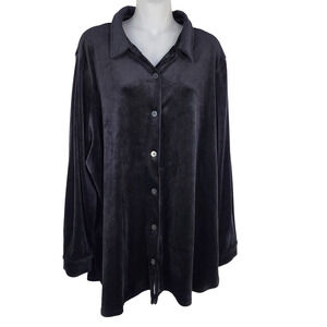 Woman Within Shirt Womens Plus 22/24 1X Black Velour Tunic Button Up Long Sleeve